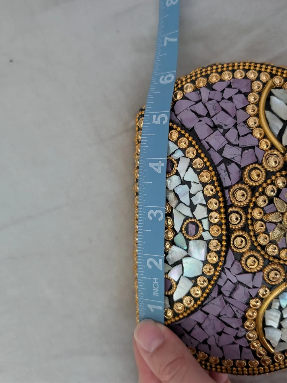 NWT RAMLA Beverly Hills Handmade Mosaic Stone Clutch Bag Purple Gold